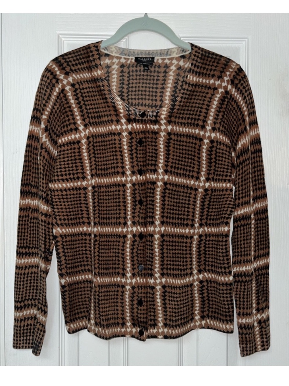 Talbots Petites 100% Pure Merino Wool Houndstooth Button Up Cardigan Sweater